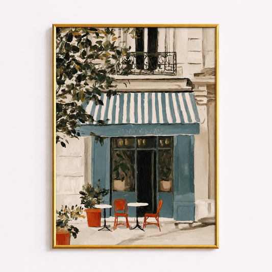 Blue Stripe Café Poster – Parisian Bistro Wall Art