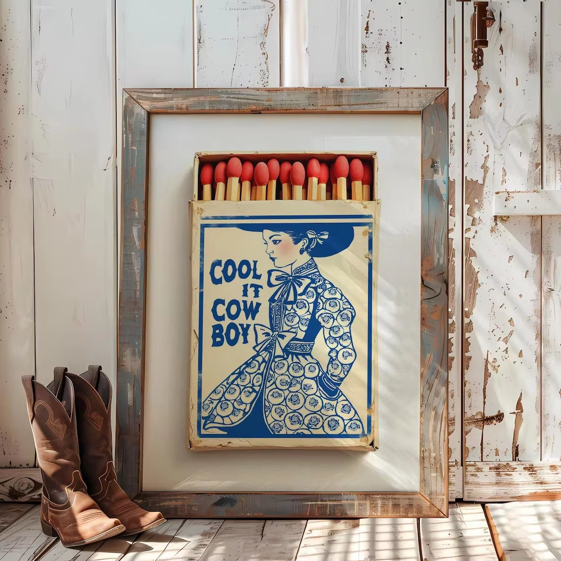 Cool It Cowboy Matchbook Print, Coastal Cowgirl Millennial Granddaughter Toile Chinoiserie Cobalt Blue White Poster Western Deco