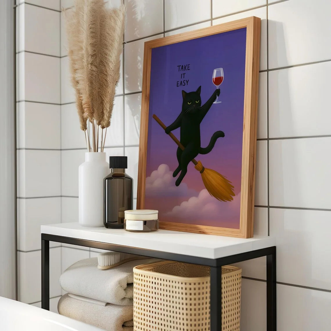 Carefree Magical Cat Wall Art - Warm Gradient Print of a Black Cat Embracing Leisure, Blending Witchy Vibes with a Laid-Back Att