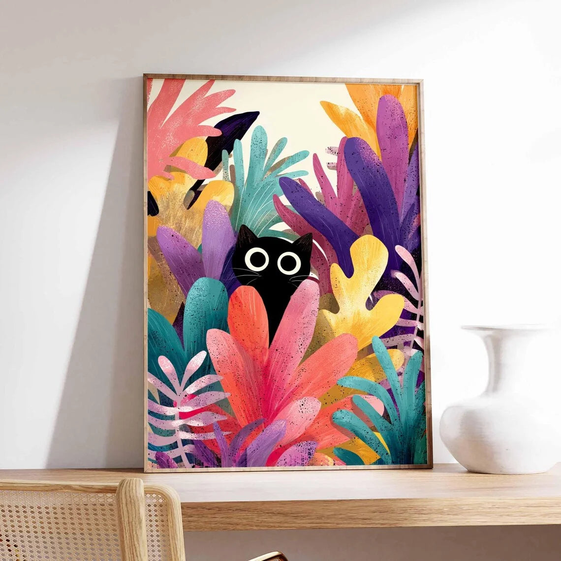 Black Cat Wall Art Print, Abstract Jungle Cat Poster, Vibrant Modern Cat Illustration, Whimsical Animal Wall Decor Poster