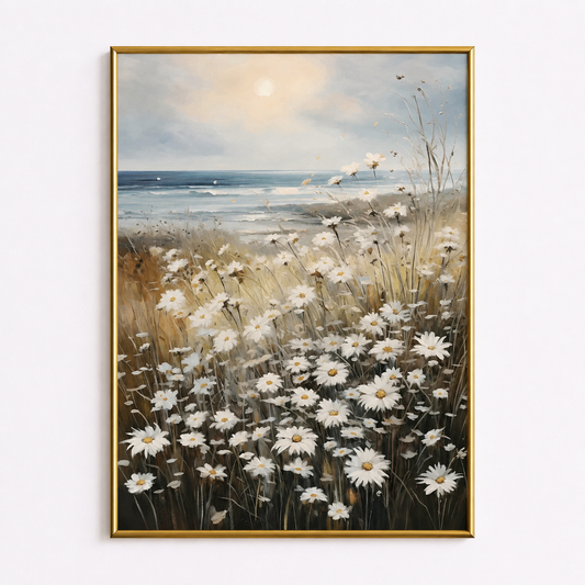 Coastal Daisy Meadow Poster – Serene Seaside Floral Wall Art