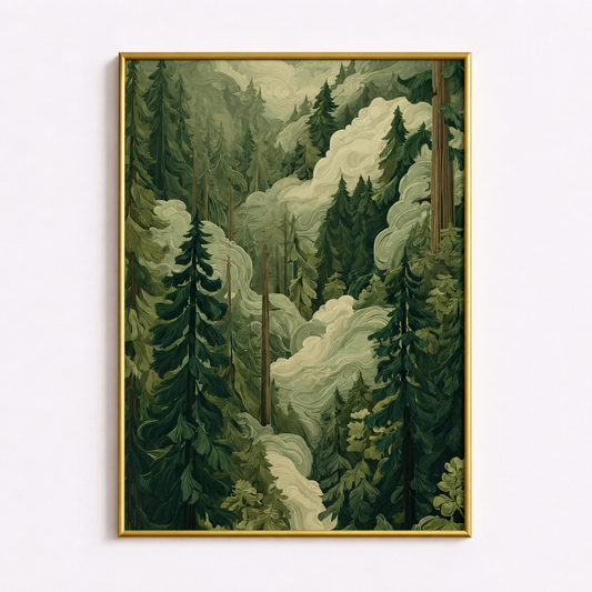 Misty Evergreen Forest Poster – Tranquil Woodland Landscape Wall Art