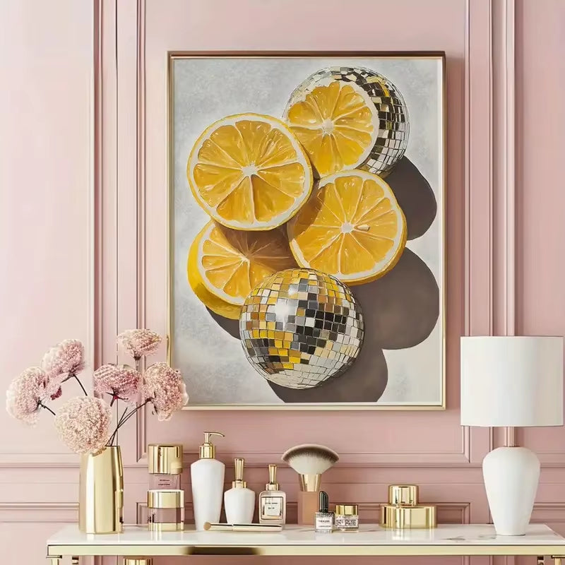 Retro Disco Lemon Art Print Wall, Artistic Creative Fruit-Themed Decoration, Lemon Kitchen Decoration the Living Room Bedroom