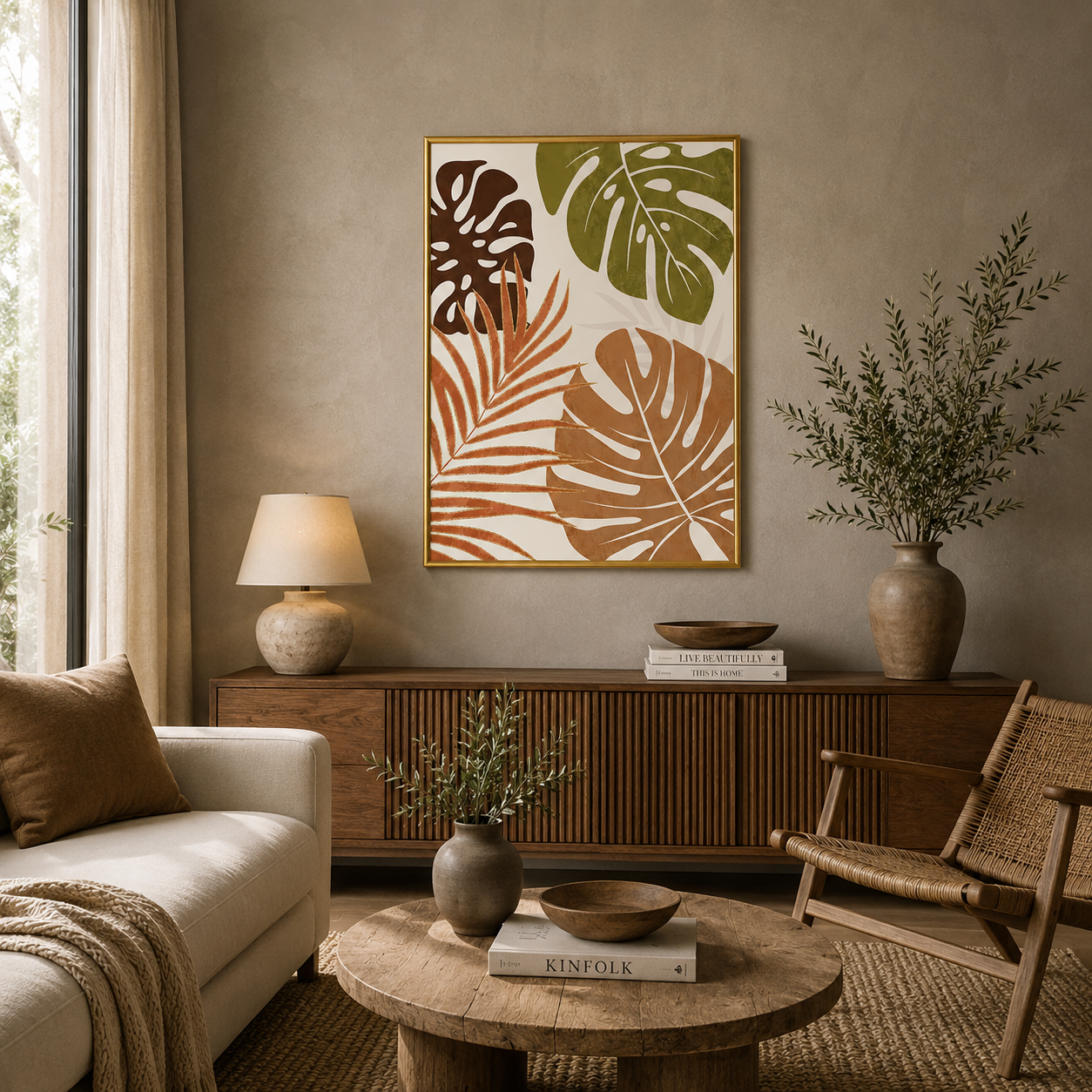 Tropical Monstera Leaves Poster – Neutral Boho Botanical Wall Art
