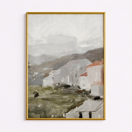 Quiet Hillside Village Poster – Soft Impressionist Landscape Wall Art