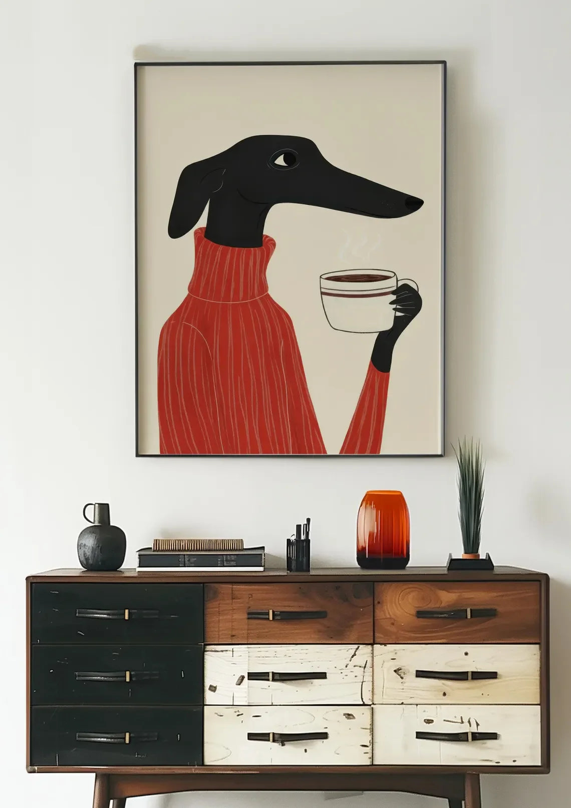 “Retro-Chic Black Hound Dog Wall Art Print - Stylish Canine in Red Turtleneck Sweater Holding Coffee Cup | Minimalist Modern Ill
