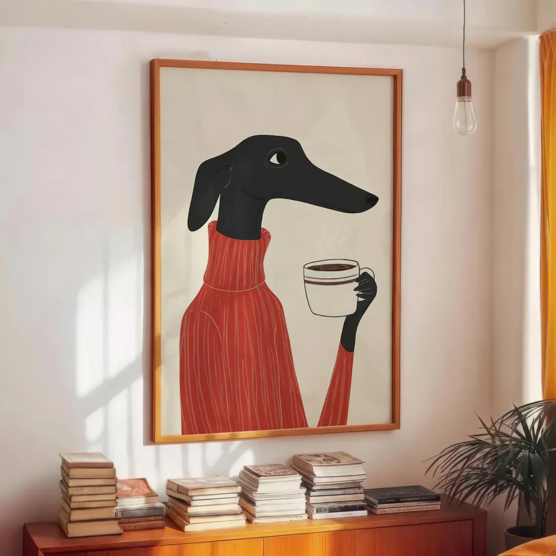 “Retro-Chic Black Hound Dog Wall Art Print - Stylish Canine in Red Turtleneck Sweater Holding Coffee Cup | Minimalist Modern Ill
