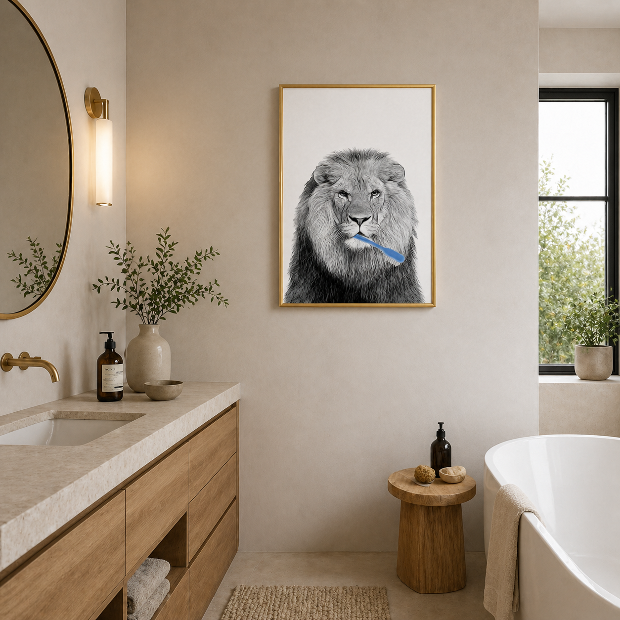Funny Lion Bathroom Poster – “Morning Routine” Wall Art