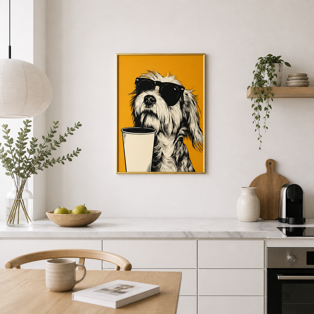 Cool Coffee Dog Poster – Black & Yellow Minimal Wall Art