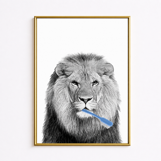 Funny Lion Bathroom Poster – “Morning Routine” Wall Art