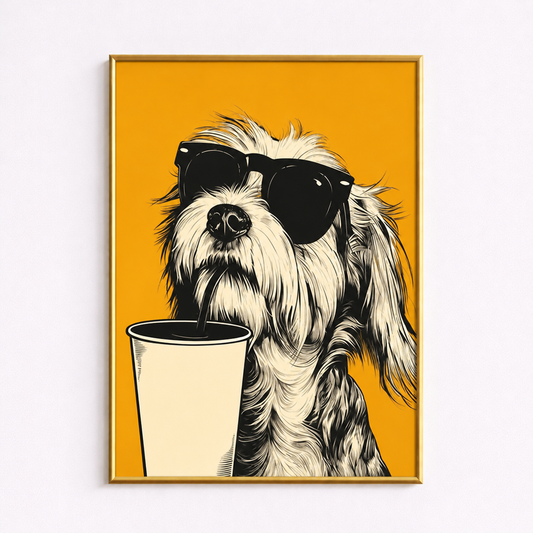 Cool Coffee Dog Poster – Black & Yellow Minimal Wall Art