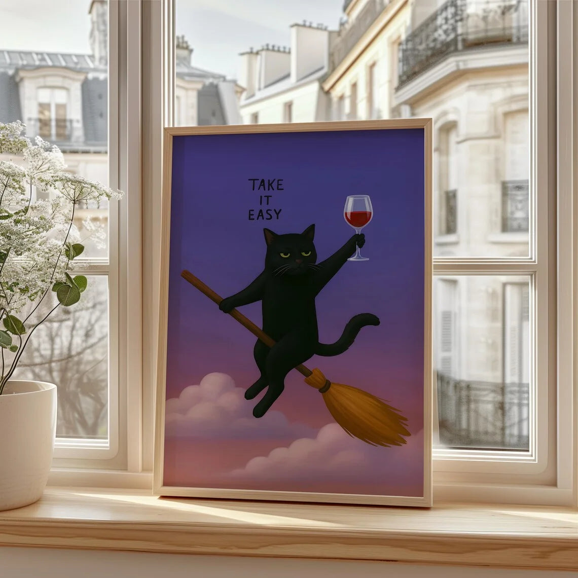 Carefree Magical Cat Wall Art - Warm Gradient Print of a Black Cat Embracing Leisure, Blending Witchy Vibes with a Laid-Back Att