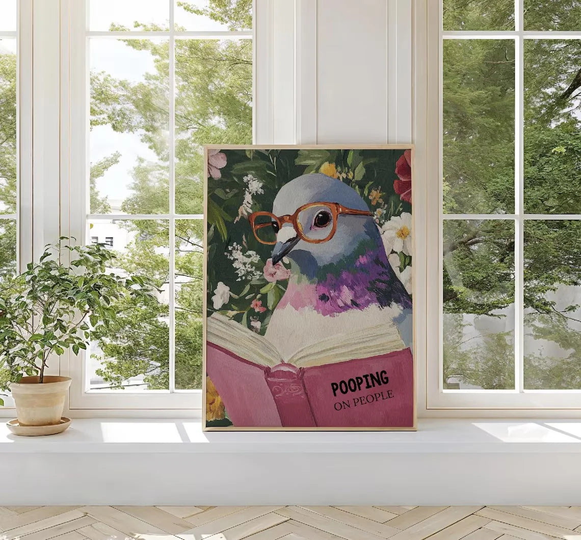 Humorous Pigeon Reading Bathroom Art Print: Quirky Home Decor for Wall, Cheeky Animal Poster