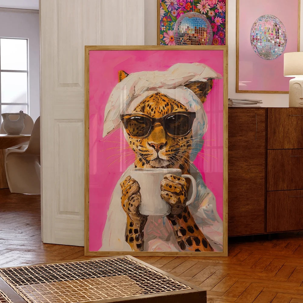 Modern Leopard Drinking Morning Coffee Colorful Dopamine Prints Canvas Painting Poster Picture for Living Room Home Decor