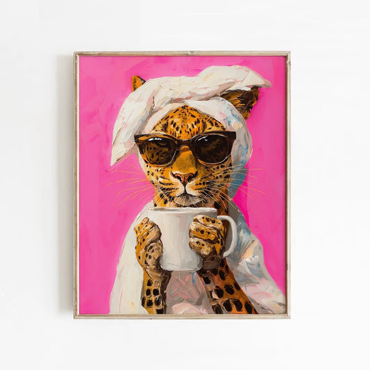 Modern Leopard Drinking Morning Coffee Colorful Dopamine Prints Canvas Painting Poster Picture for Living Room Home Decor