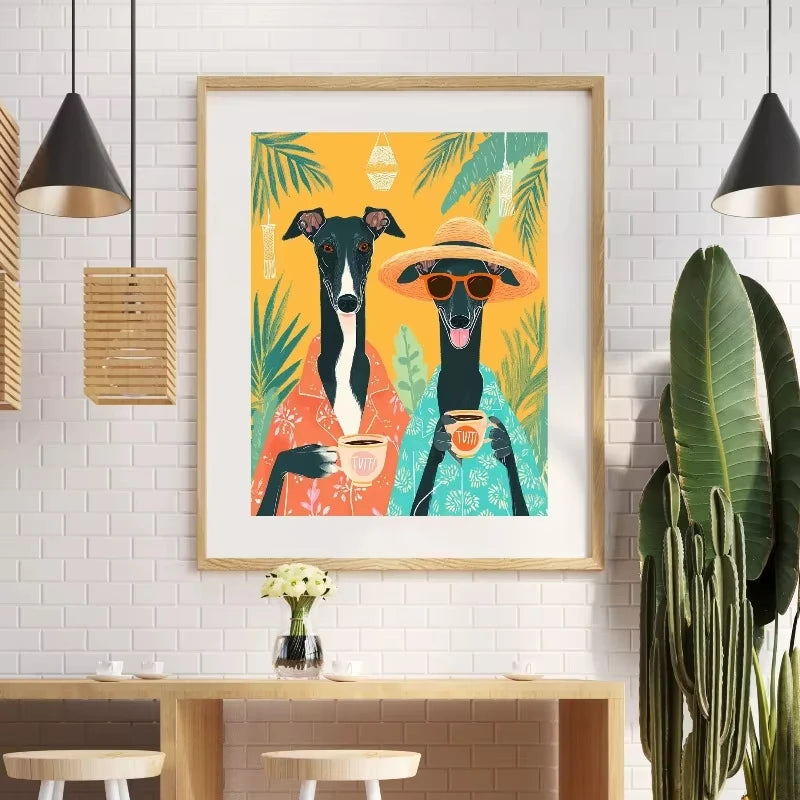 Tropical Coffee Dogs Poster – Colorful Summer Wall Art