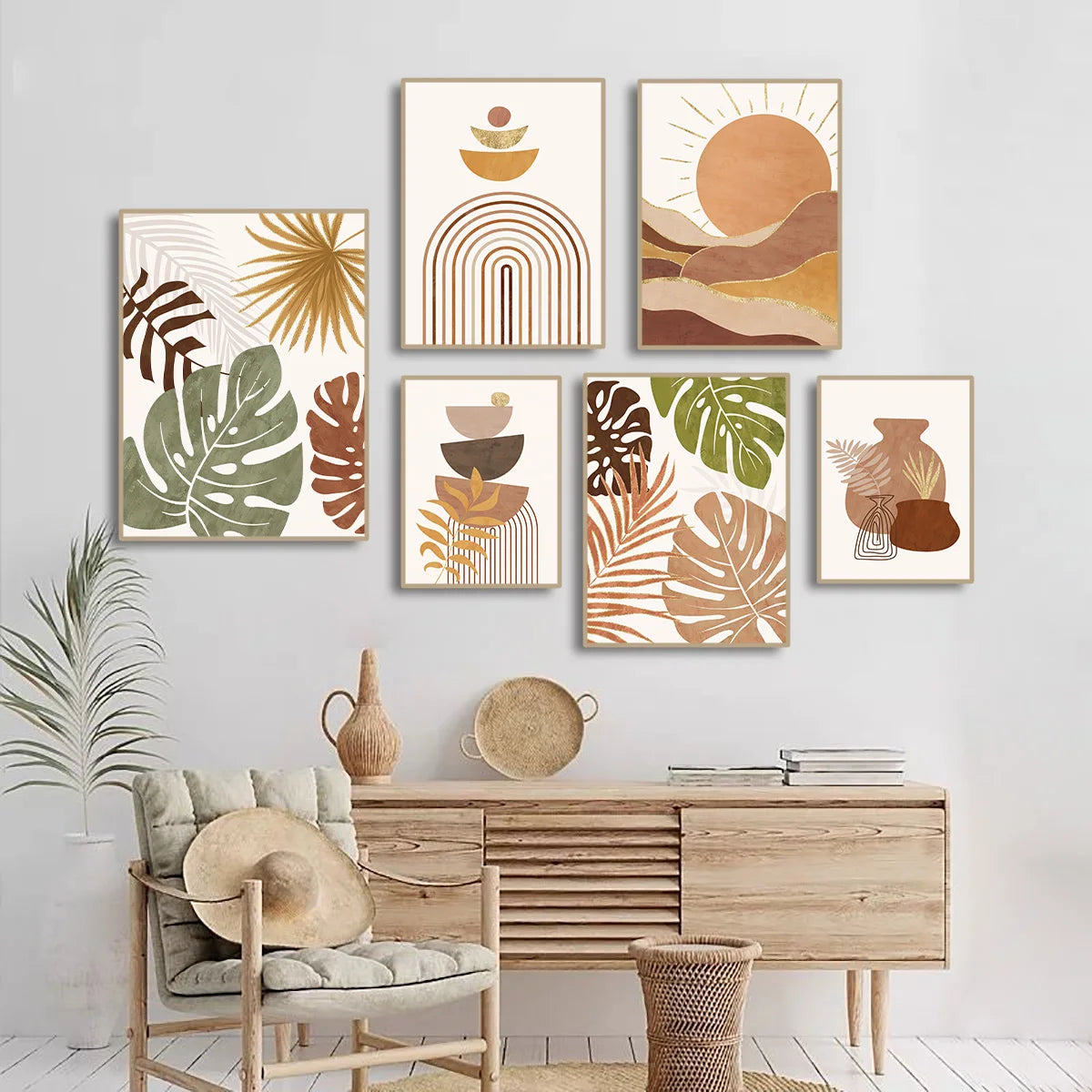 Golden Botanical Balance Poster – Minimal Boho Abstract Wall Art