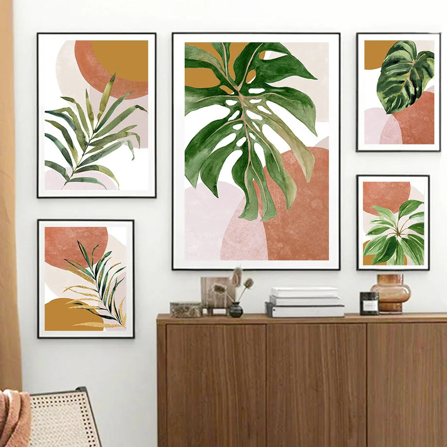 Golden Tropical Leaf Abstract Poster – Scandinavian Boho Wall Art
