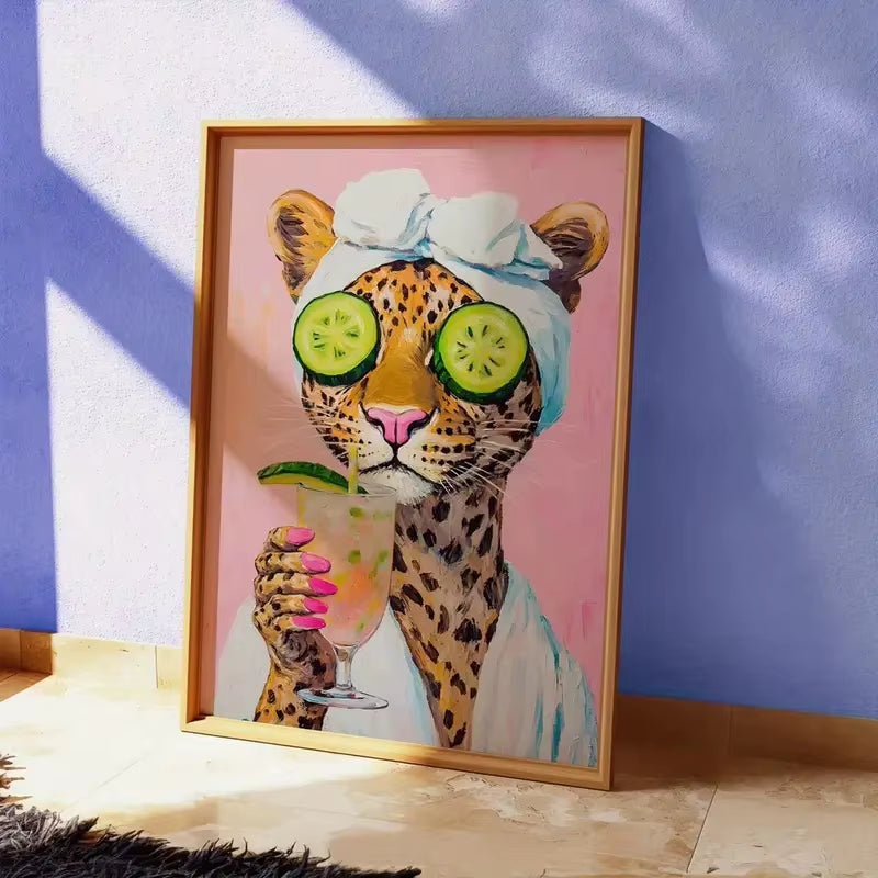 Retro Fun Leopard Print Wall Painting Poster Cucumber Fashion Glasses Towel Design Pink College Style Summer Bathroom Home Decor