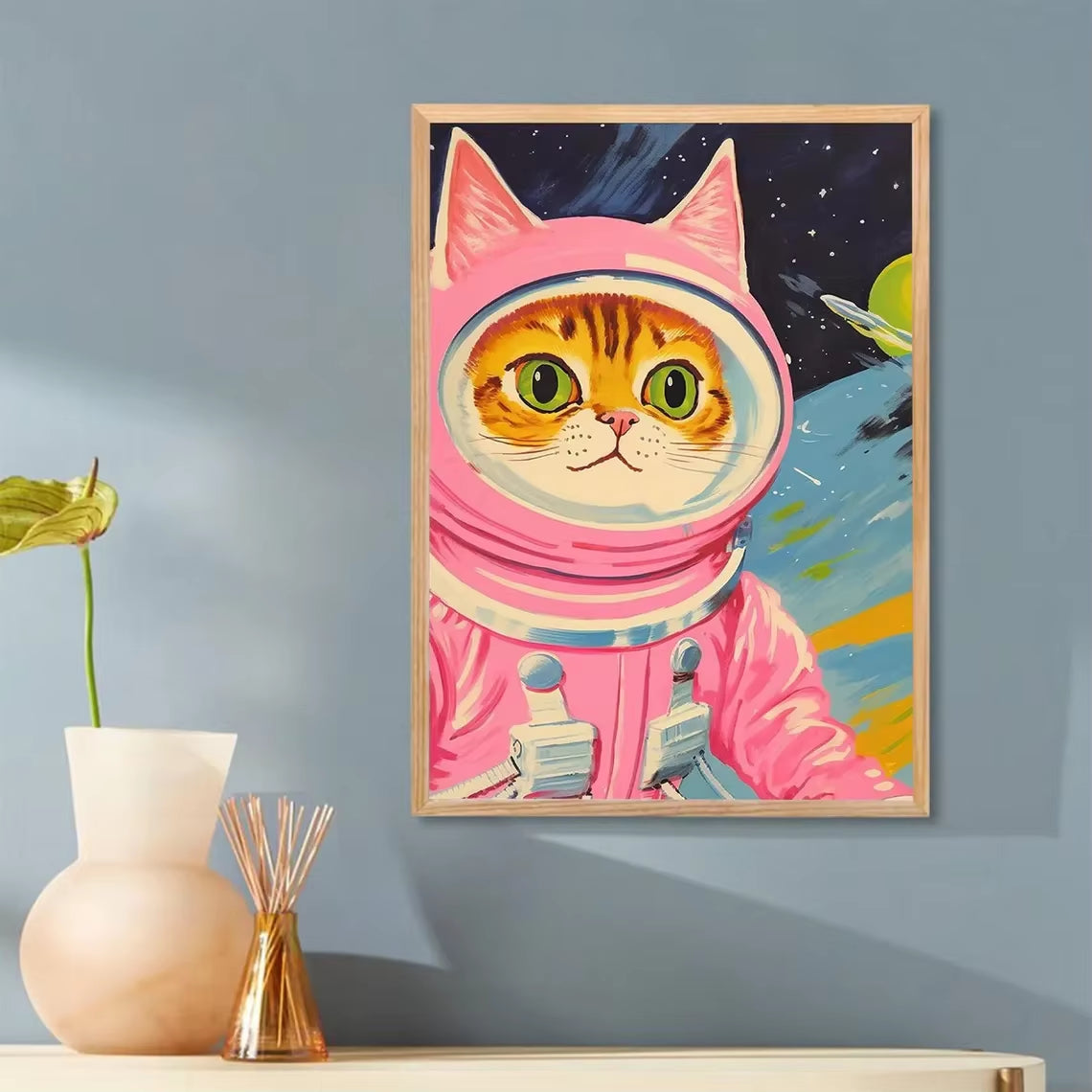 Cat Astronaut Poster, Funny Cat Canvas, Whimsical Cat in Space Wall Art, Cute Pink Cat Poster for Room Aesthetic, Colorful Kids