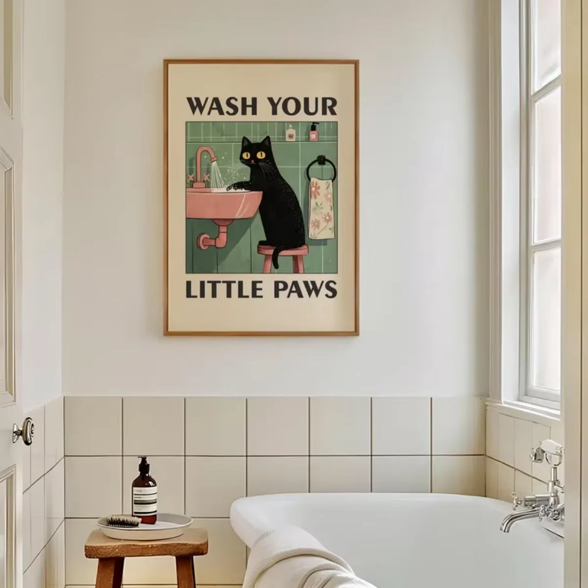 "Wash Your Paws" Cat Illustration Canvas Prints Poster Modern Funny Animal Art Prints Wash Room Bathroom Home Decor Art Poster