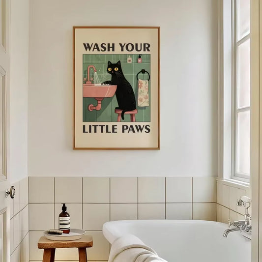 "Wash Your Paws" Cat Illustration Canvas Prints Poster Modern Funny Animal Art Prints Wash Room Bathroom Home Decor Art Poster