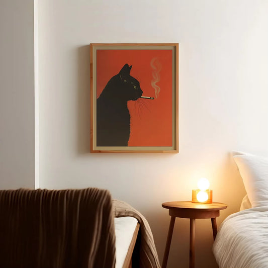 Black Cat Smoking a Cigarette Vintage Poster Art Retro Whimsical Print Funny Animal Wall Decor Poster for Bar Cart Quirky Kitche